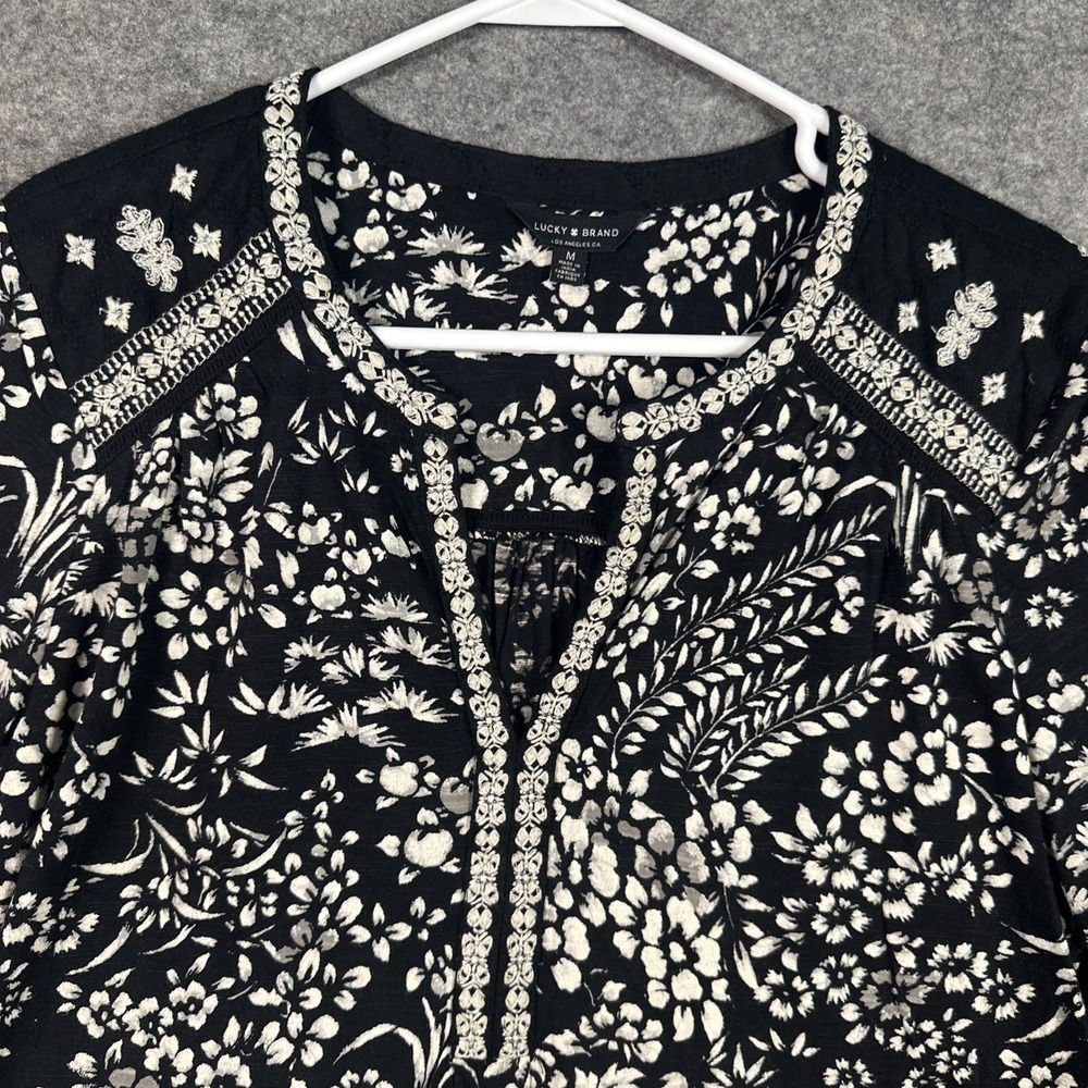 Lucky Brand Womens Blouse Boho Peasant Floral Long Sleeves Black‎ White Medium